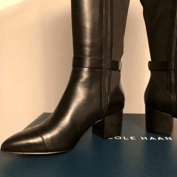 Cole Haan Elena Tall Boots 8B – Black Leather, Block Heel, Pointed Toe, Stretch - Picture 5 of 7